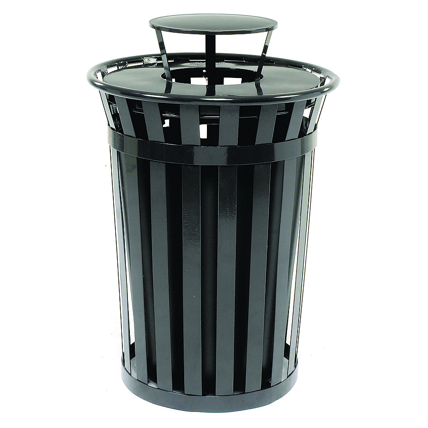 Global Industrial Outdoor Slatted Steel Trash Can, Rain Bonnet Lid, 36 gal, Black (GBE260804BK)