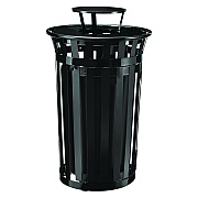 Global Industrial Outdoor Slatted Steel Trash Can, With Access Door and Rain Bonnet Lid, 36 gal, Black (GBE261941BK)