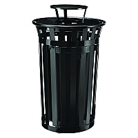 Global Industrial Outdoor Slatted Steel Trash Can, With Access Door and Rain Bonnet Lid, 36 gal, Black (GBE261941BK)