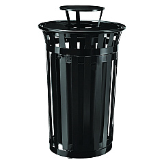 Global Industrial Outdoor Slatted Steel Trash Can, With Access Door and Rain Bonnet Lid, 36 gal, Black (GBE261941BK)