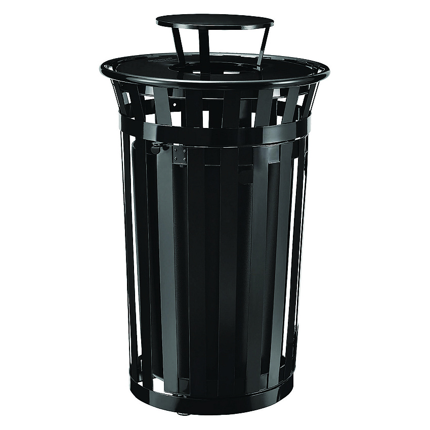 Global Industrial Outdoor Slatted Steel Trash Can, With Access Door and Rain Bonnet Lid, 36 gal, Black (GBE261941BK)