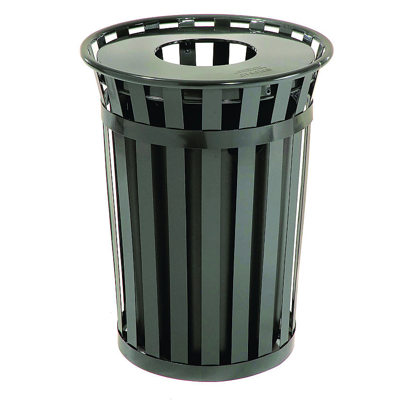 Global Industrial Outdoor Slatted Steel Trash Can, 36 gal, Black (GBE237726BK)