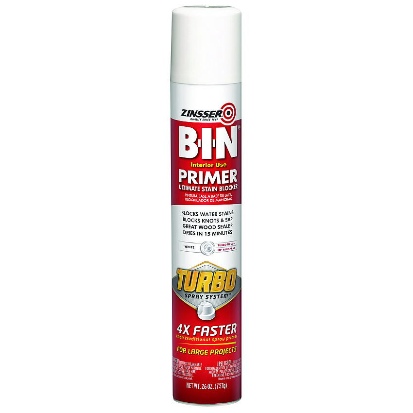 Zinsser BIN Aerosol Primer with Turbo Spray System, Interior, Flat White, 26 oz Aerosol Can, 6/Carton (RST356880)