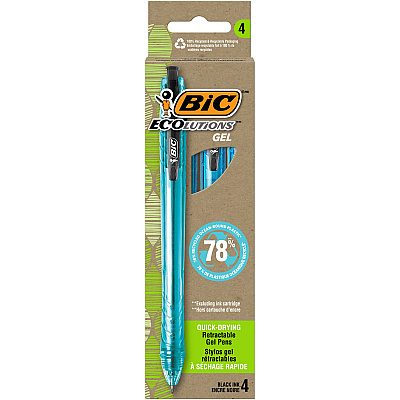 BIC Ecolutions Gel Pen, Retractable, Medium 1 mm, Black Ink, Blue Barrel, 4/Pack (BICRGLE4BK)