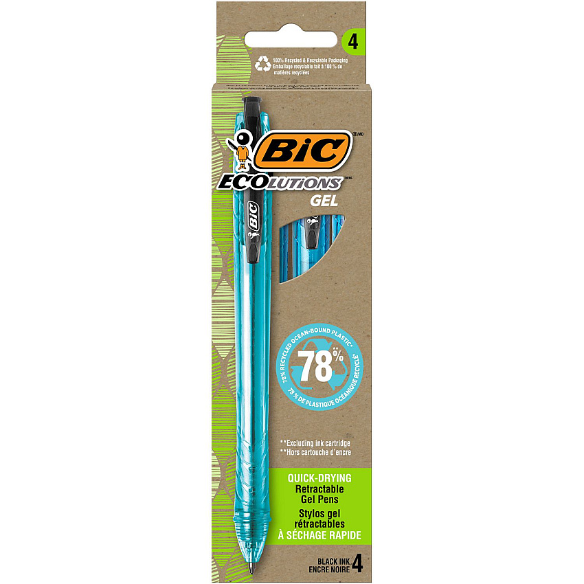 BIC Ecolutions Gel Pen, Retractable, Medium 1 mm, Black Ink, Blue Barrel, 4/Pack (BICRGLE4BK)
