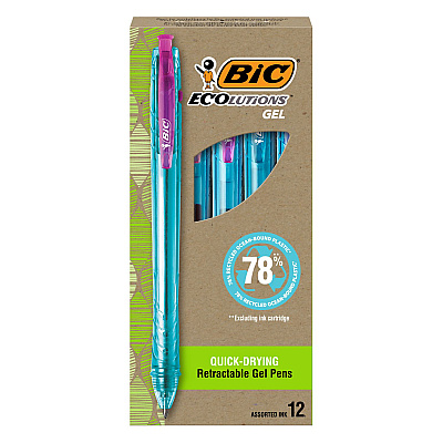 BIC Ecolutions Gel Pen, Retractable, Medium 1 mm, Assorted Ink, Blue Barrel, Dozen (BICBICRGLE11AST)