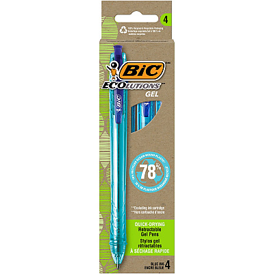 BIC Ecolutions Gel Pen, Retractable, Medium 1 mm, Blue Ink, Blue Barrel, 4/Pack (BICRGLE4BE)