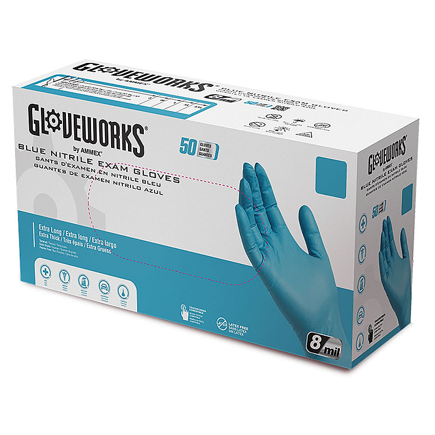 GloveWorks by AMMEX Blue Nitrile Exam Gloves, Powder-Free, Large, Blue, 8 mil, 50/Box, 10 Boxes/Carton (AXCGPNHD66100)