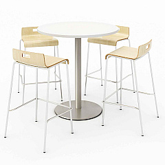 KFI Studios Pedestal Bistro Table with Four Natural Jive Series Barstools, Round, 36" Dia x 41h, Designer White (KFI840031900104)