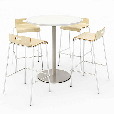 KFI Studios Pedestal Bistro Table with Four Natural Jive Series Barstools, Round, 36" Dia x 41h, Designer White (KFI840031900104)
