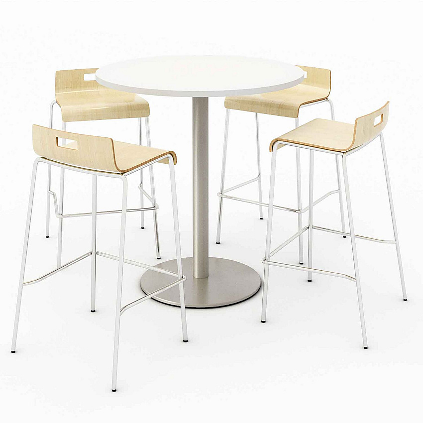 KFI Studios Pedestal Bistro Table with Four Natural Jive Series Barstools, Round, 36" Dia x 41h, Designer White (KFI840031900104)