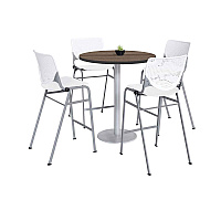 KFI Studios Pedestal Bistro Table with Four White Kool Series Barstools, Round, 36" Dia x 41h, Studio Teak (KFI811774037273)