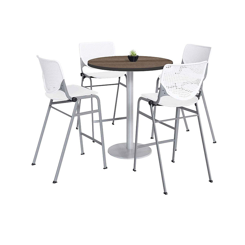 KFI Studios Pedestal Bistro Table with Four White Kool Series Barstools, Round, 36" Dia x 41h, Studio Teak (KFI811774037273)