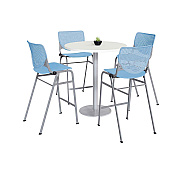 KFI Studios Pedestal Bistro Table with Four Sky Blue Kool Series Barstools, Round, 36" Dia x 41h, Designer White (KFI811774037143)