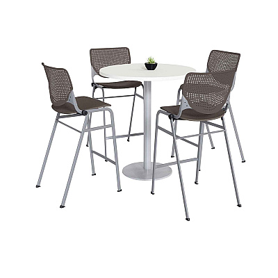 KFI Studios Pedestal Bistro Table with Four Brownstone Kool Series Barstools, Round, 36" Dia x 41h, Designer White (KFI811774037129)
