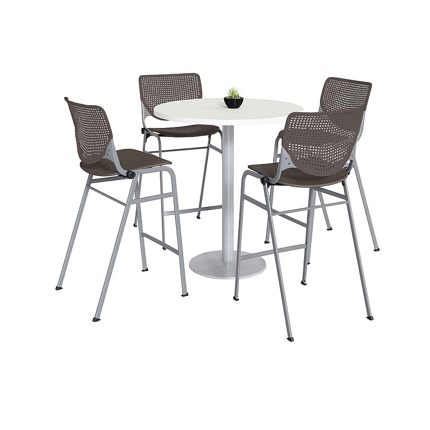 KFI Studios Pedestal Bistro Table with Four Brownstone Kool Series Barstools, Round, 36" Dia x 41h, Designer White (KFI811774037129)