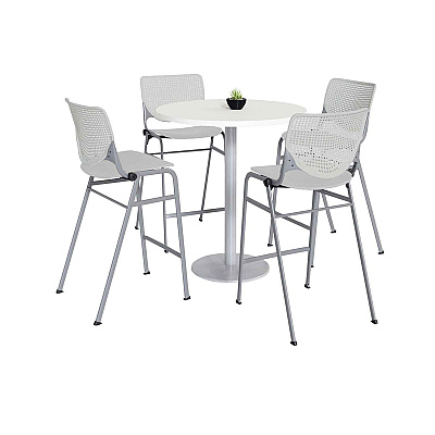 KFI Studios Pedestal Bistro Table with Four Light Gray Kool Series Barstools, Round, 36" Dia x 41h, Designer White (KFI811774037105)