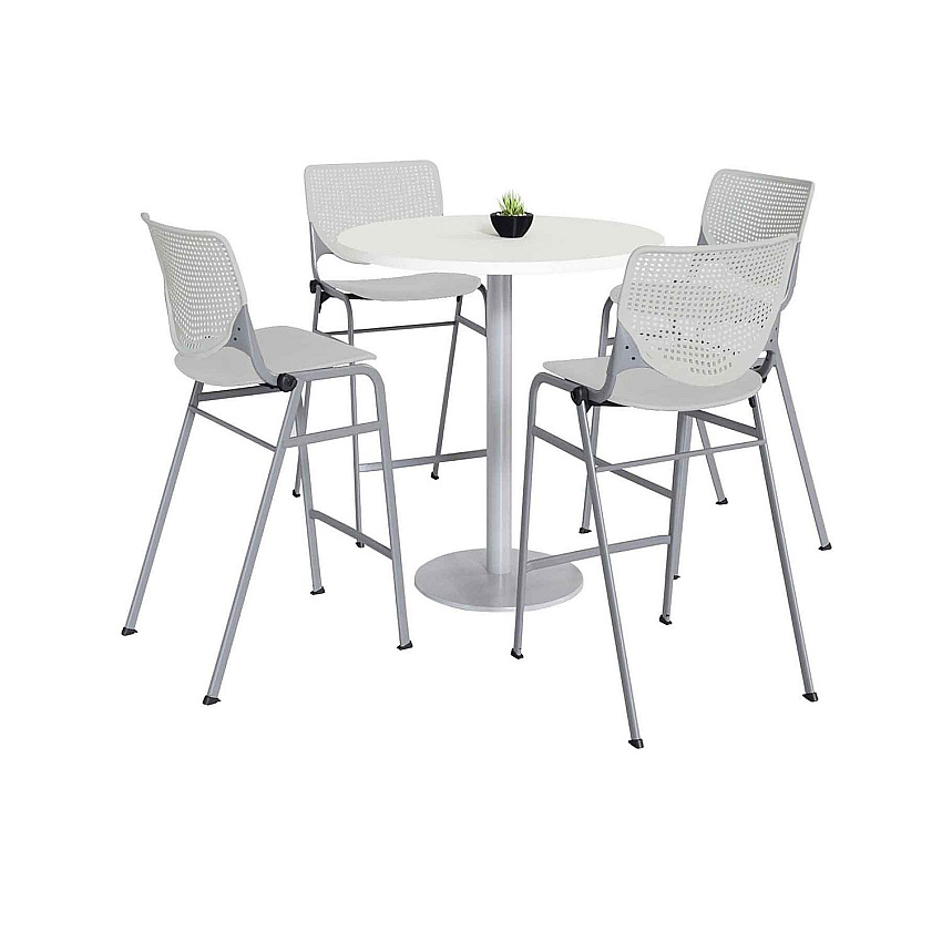 KFI Studios Pedestal Bistro Table with Four Light Gray Kool Series Barstools, Round, 36" Dia x 41h, Designer White (KFI811774037105)