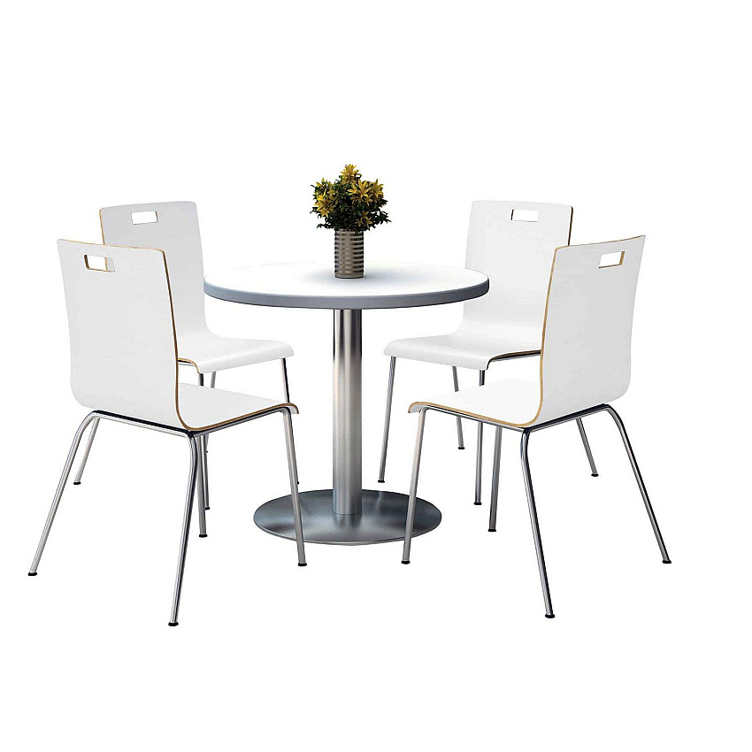 KFI Studios Pedestal Table with Four White Jive Series Chairs, Round, 36" Dia x 29h, Crisp Linen (KFI810389024968)