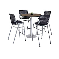 KFI Studios Pedestal Bistro Table with Four Black Kool Series Barstools, Round, 36" Dia x 41h, Studio Teak (KFI811774037280)