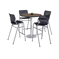 KFI Studios Pedestal Bistro Table with Four Black Kool Series Barstools, Round, 36" Dia x 41h, Studio Teak (KFI811774037280)