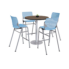 KFI Studios Pedestal Bistro Table with Four Sky Blue Kool Series Barstools, Round, 36" Dia x 41h, Studio Teak (KFI811774037297)