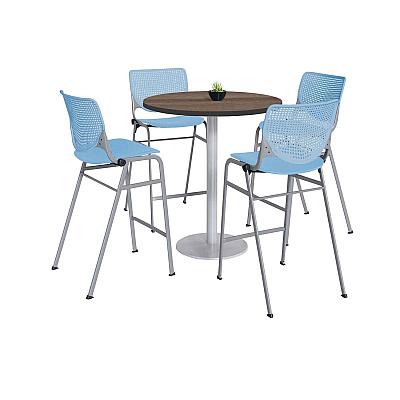 KFI Studios Pedestal Bistro Table with Four Sky Blue Kool Series Barstools, Round, 36" Dia x 41h, Studio Teak (KFI811774037297)