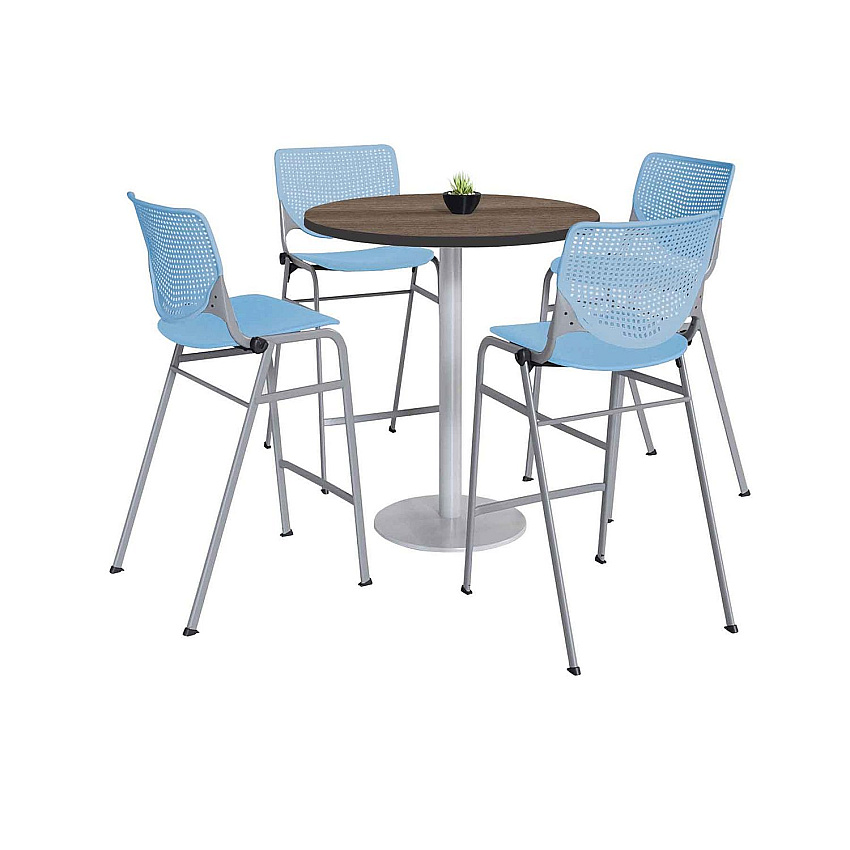 KFI Studios Pedestal Bistro Table with Four Sky Blue Kool Series Barstools, Round, 36" Dia x 41h, Studio Teak (KFI811774037297)