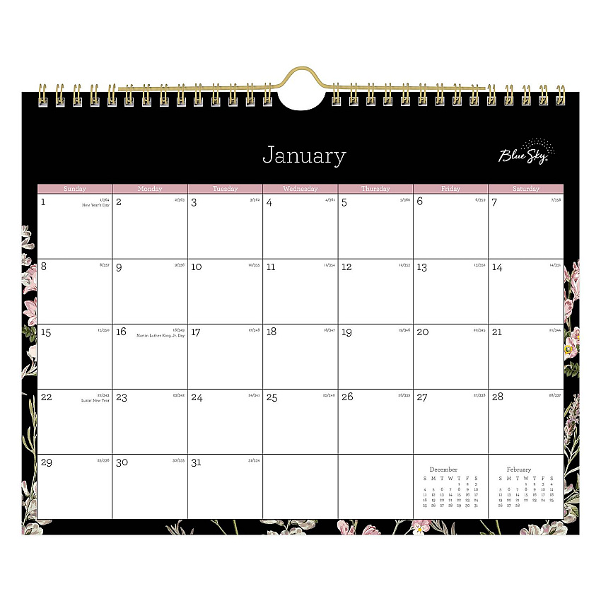 Blue Sky Neveah Monthly Wall Calendar, Floral Artwork, 11" x 8.75", White/Black/Pink Sheets, 12-Month (Jan to Dec): 2026 (139941)