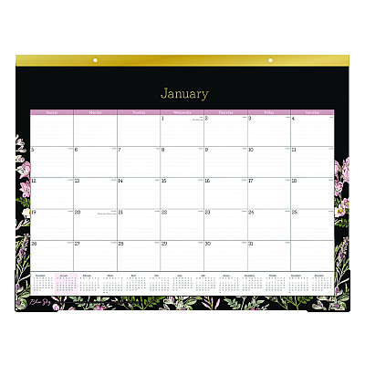 Blue Sky Neveah Monthly Desk Pad Calendar, Floral Artwork, 22" x 17", White/Black/Pink Sheets, Gold Headband, 12-Month (Jan-Dec): 2026 (148629)