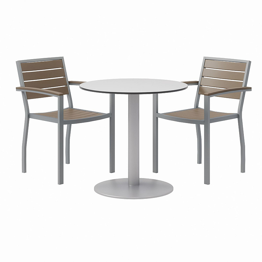 KFI Studios Eveleen Outdoor Patio Table with Two Mocha Powder-Coated Polymer Chairs, 30" Dia x 29h, Gray (KFI840031918444)