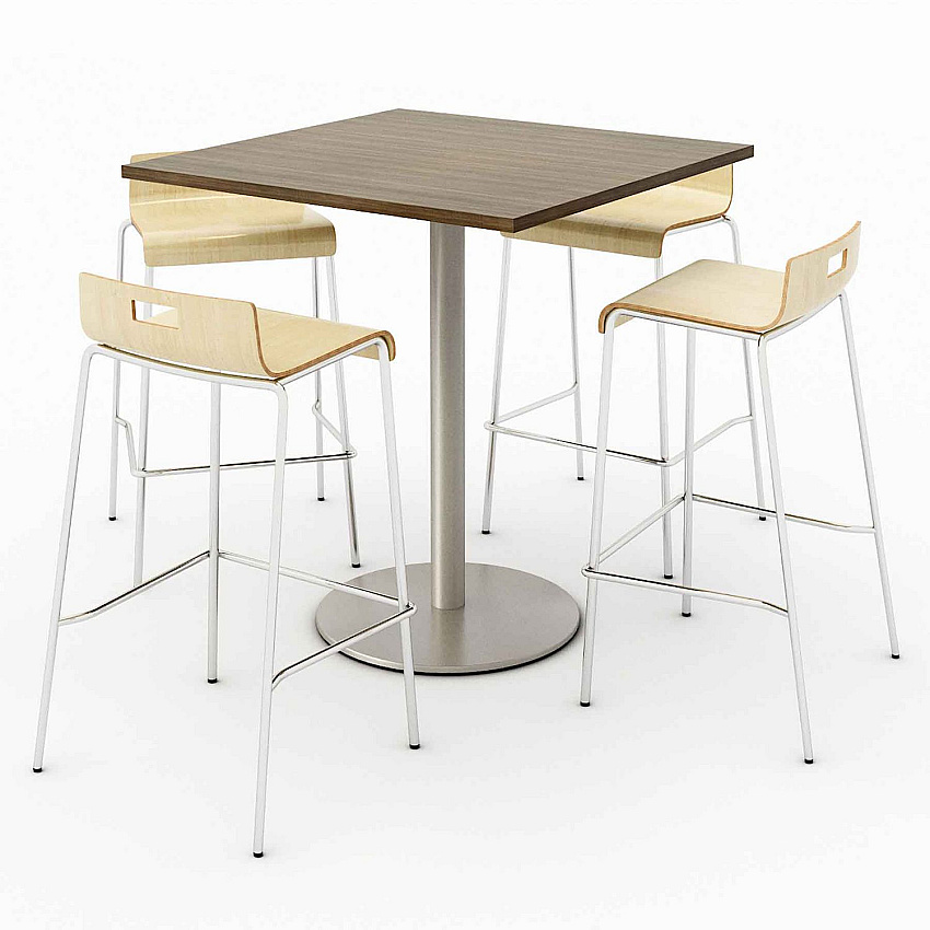 KFI Studios Pedestal Bistro Table with Four Natural Jive Series Barstools, Square, 36 x 36 x 41, Studio Teak (KFI811774039925)