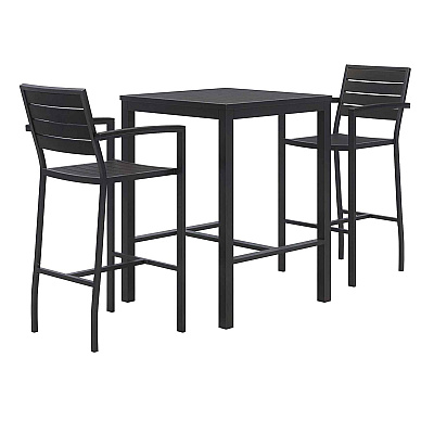 KFI Studios Eveleen Outdoor Bistro Patio Table with Two Black Powder-Coated Polymer Barstools, 30" Square, Black (KFI840031925275)