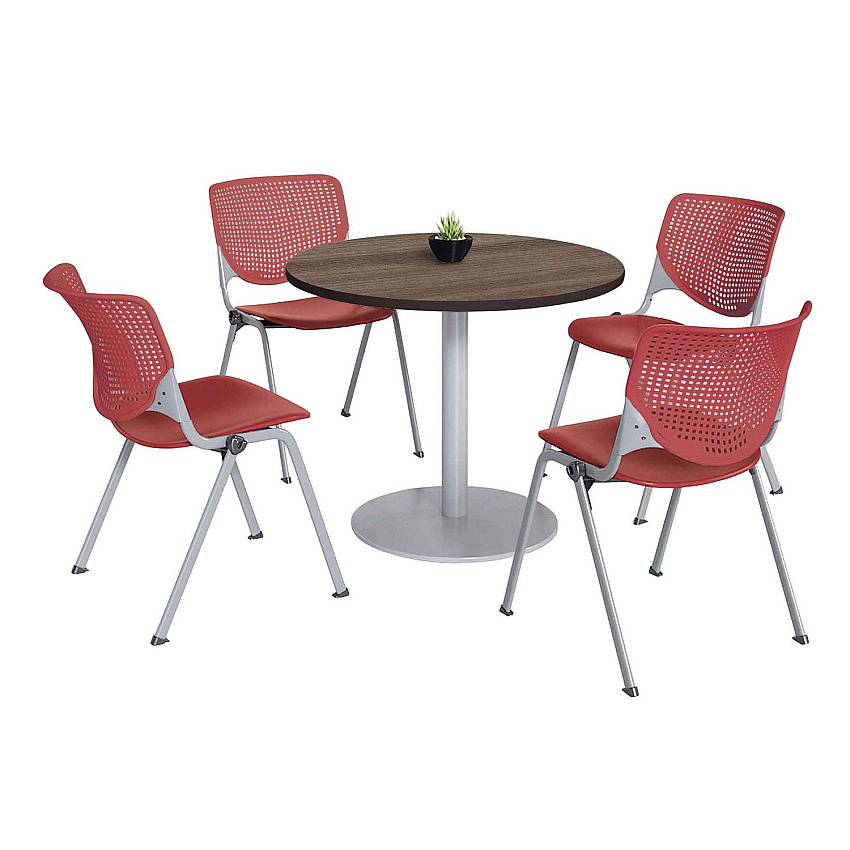 KFI Studios Pedestal Table with Four Coral Kool Series Chairs, Round, 36" Dia x 29h, Studio Teak (KFI811774036917)