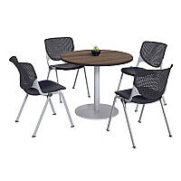 KFI Studios Pedestal Table with Four Black Kool Series Chairs, Round, 36" Dia x 29h, Studio Teak (KFI811774036894)