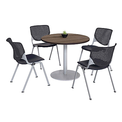 KFI Studios Pedestal Table with Four Black Kool Series Chairs, Round, 36" Dia x 29h, Studio Teak (KFI811774036894)
