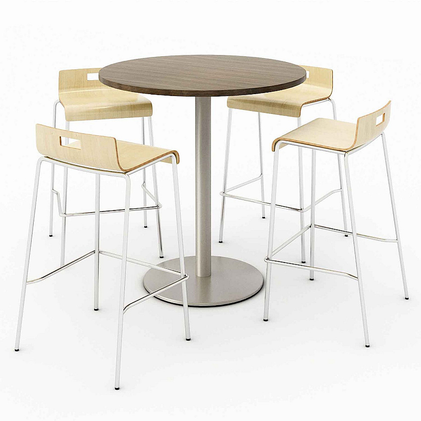 KFI Studios Pedestal Bistro Table with Four Natural Jive Series Barstools, Round, 36" Dia x 41h, Studio Teak (KFI840031900135)