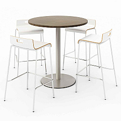 KFI Studios Pedestal Bistro Table with Four White Jive Series Barstools, Round, 36" Dia x 41h, Studio Teak (KFI840031900142)