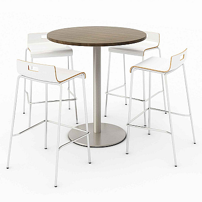 KFI Studios Pedestal Bistro Table with Four White Jive Series Barstools, Round, 36" Dia x 41h, Studio Teak (KFI840031900142)
