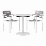 KFI Studios Eveleen Outdoor Patio Table with Two Gray Powder-Coated Polymer Chairs, 30" Dia x 29h, Designer White (KFI840031918451)
