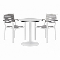 KFI Studios Eveleen Outdoor Patio Table with Two Gray Powder-Coated Polymer Chairs, 30" Dia x 29h, Designer White (KFI840031918451)