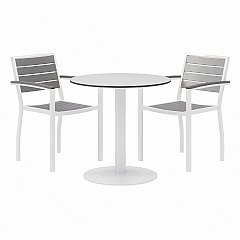 KFI Studios Eveleen Outdoor Patio Table with Two Gray Powder-Coated Polymer Chairs, 30" Dia x 29h, Designer White (KFI840031918451)