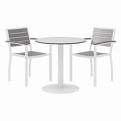KFI Studios Eveleen Outdoor Patio Table with Two Gray Powder-Coated Polymer Chairs, 30" Dia x 29h, Designer White (KFI840031918451)