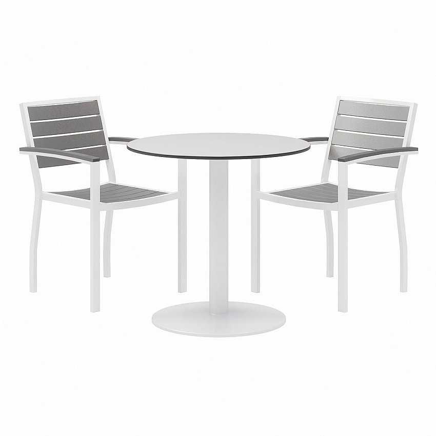 KFI Studios Eveleen Outdoor Patio Table with Two Gray Powder-Coated Polymer Chairs, 30" Dia x 29h, Designer White (KFI840031918451)