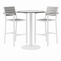 KFI Studios Eveleen Outdoor Bistro Patio Table, Two Gray Powder-Coated Polymer Barstools, Round, 30" Dia x 41h, White (KFI840031918475)
