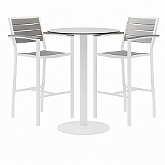 KFI Studios Eveleen Outdoor Bistro Patio Table, Two Gray Powder-Coated Polymer Barstools, Round, 30" Dia x 41h, White (KFI840031918475)