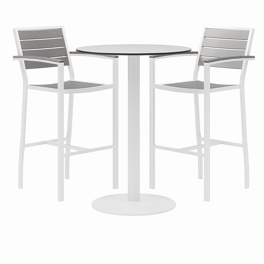 KFI Studios Eveleen Outdoor Bistro Patio Table, Two Gray Powder-Coated Polymer Barstools, Round, 30" Dia x 41h, White (KFI840031918475)