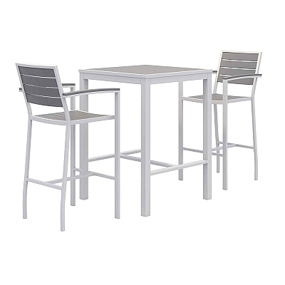 KFI Studios Eveleen Outdoor Bistro Patio Table with Two Gray Powder-Coated Polymer Barstools, 30" Square, Gray (KFI840031925268)