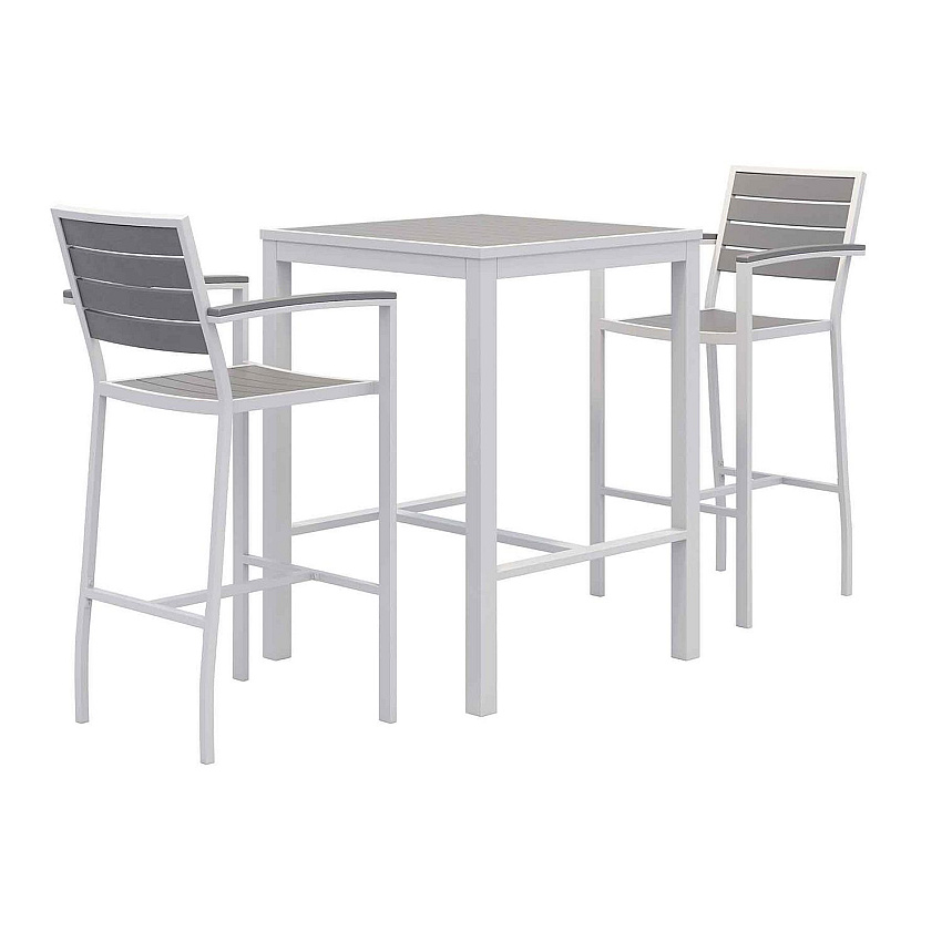 KFI Studios Eveleen Outdoor Bistro Patio Table with Two Gray Powder-Coated Polymer Barstools, 30" Square, Gray (KFI840031925268)