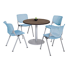 KFI Studios Pedestal Table with Four Sky Blue Kool Series Chairs, Round, 36" Dia x 29h, Studio Teak (KFI811774036900)